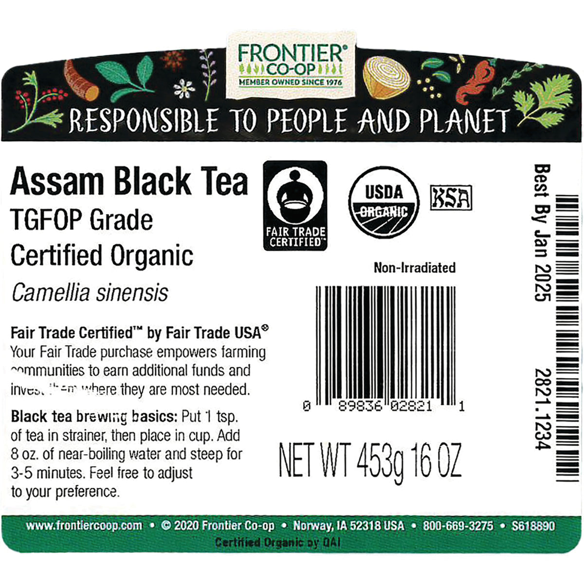 FNP041 | back label of Frontier Assam Black Tea showing Certified Organic, brewing instructions, barcode and net wt 453g 16 OZ