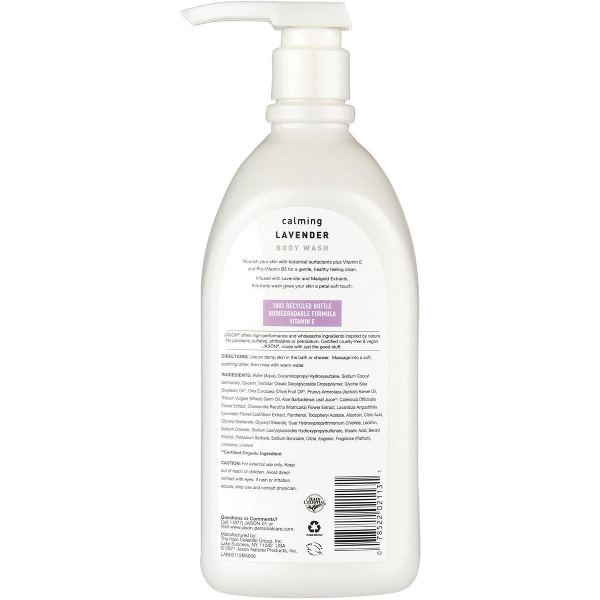 JC042 | Back of white pump bottle showing calming lavender body wash label with ingredients and barcode