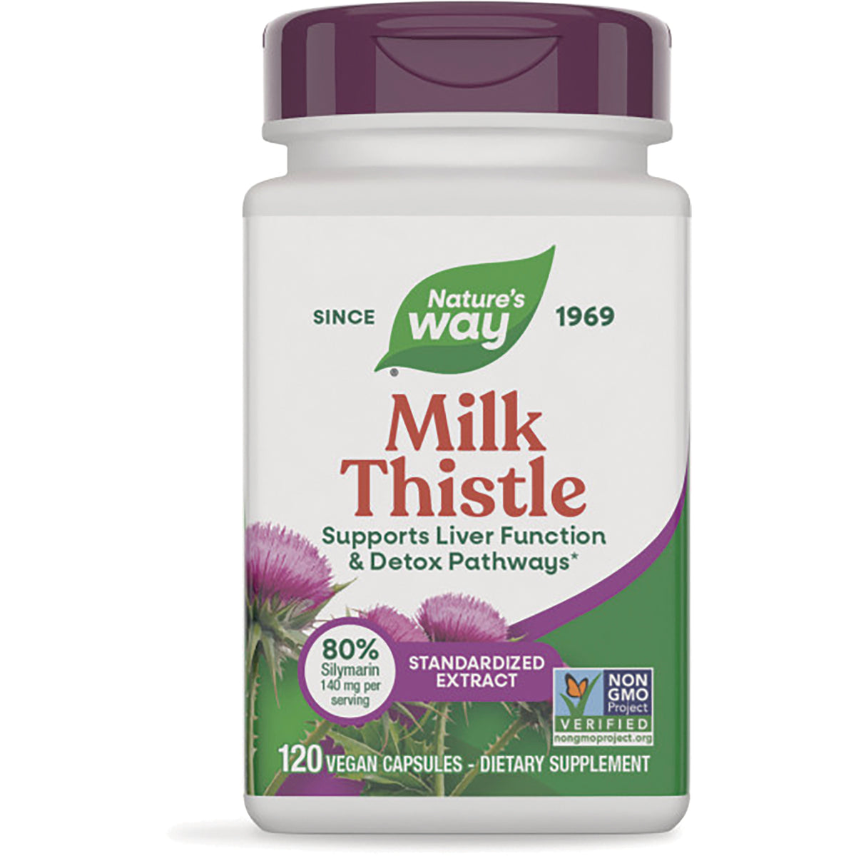 NW688 | White bottle of Nature's Way Milk Thistle supplement with purple cap and label noting 120 vegan capsules