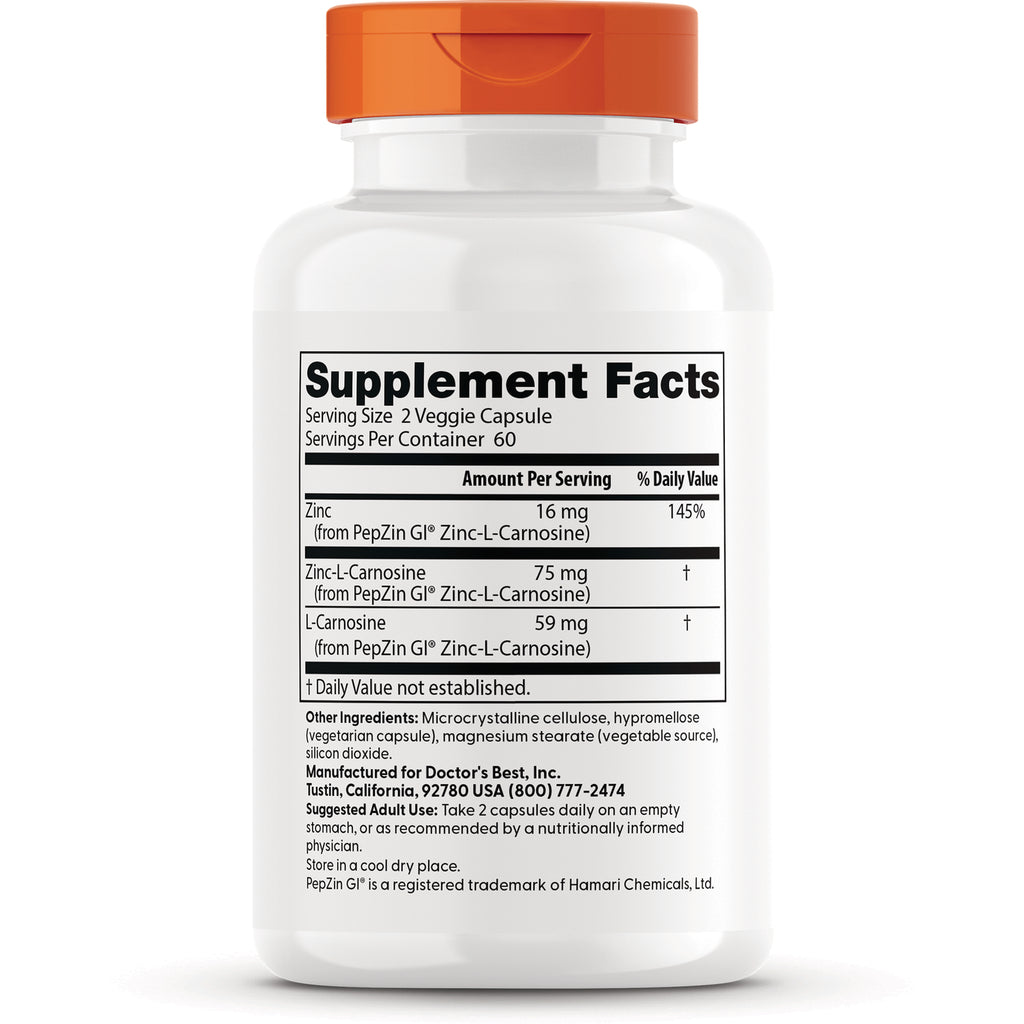 DB114 | Back label showing Supplement Facts and ingredients listing zinc, Zinc-L-Carnosine and L-Carnosine on white bottle - Thumbnail