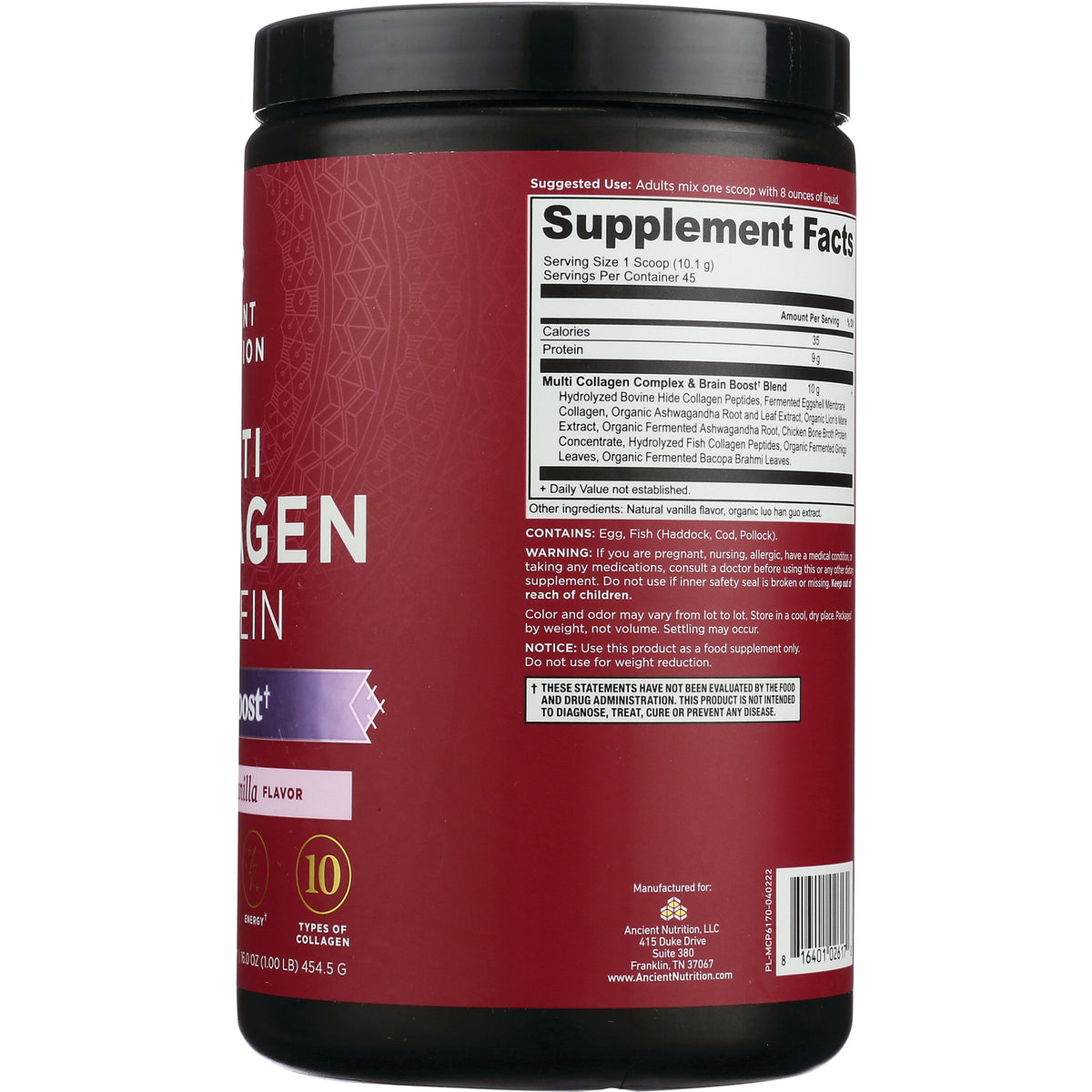ATN093 | Back of red supplement tub showing Supplement Facts panel, ingredient warnings and barcode