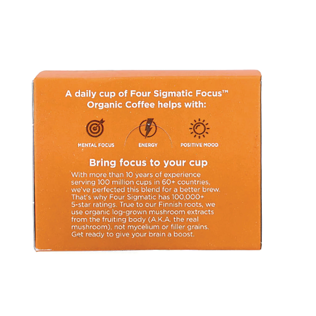 FSF008 | Back of orange Four Sigmatic Focus organic coffee box showing benefits and visible text Bring focus to your cup - Thumbnail