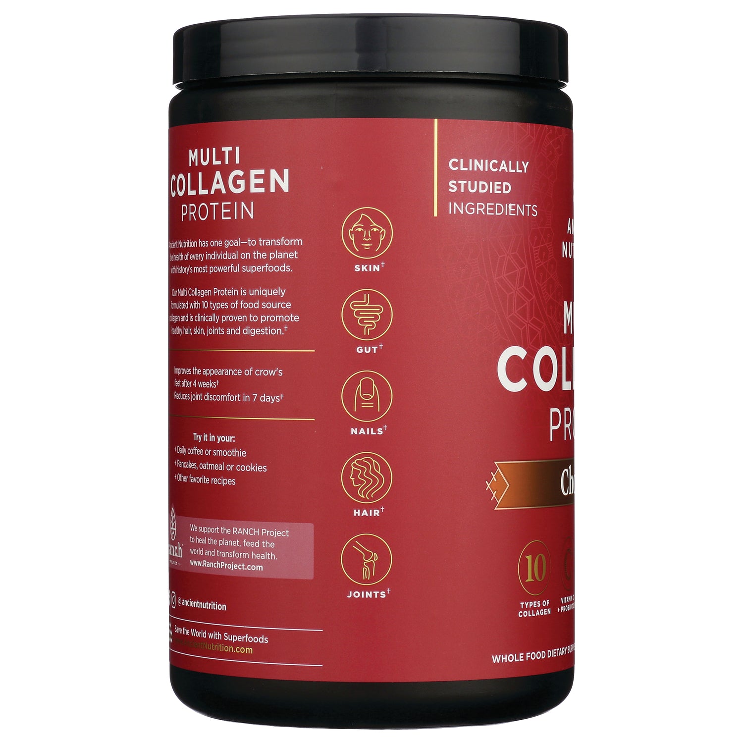 ATN026 | red supplement canister label with infographic icons for skin gut nails hair and joints