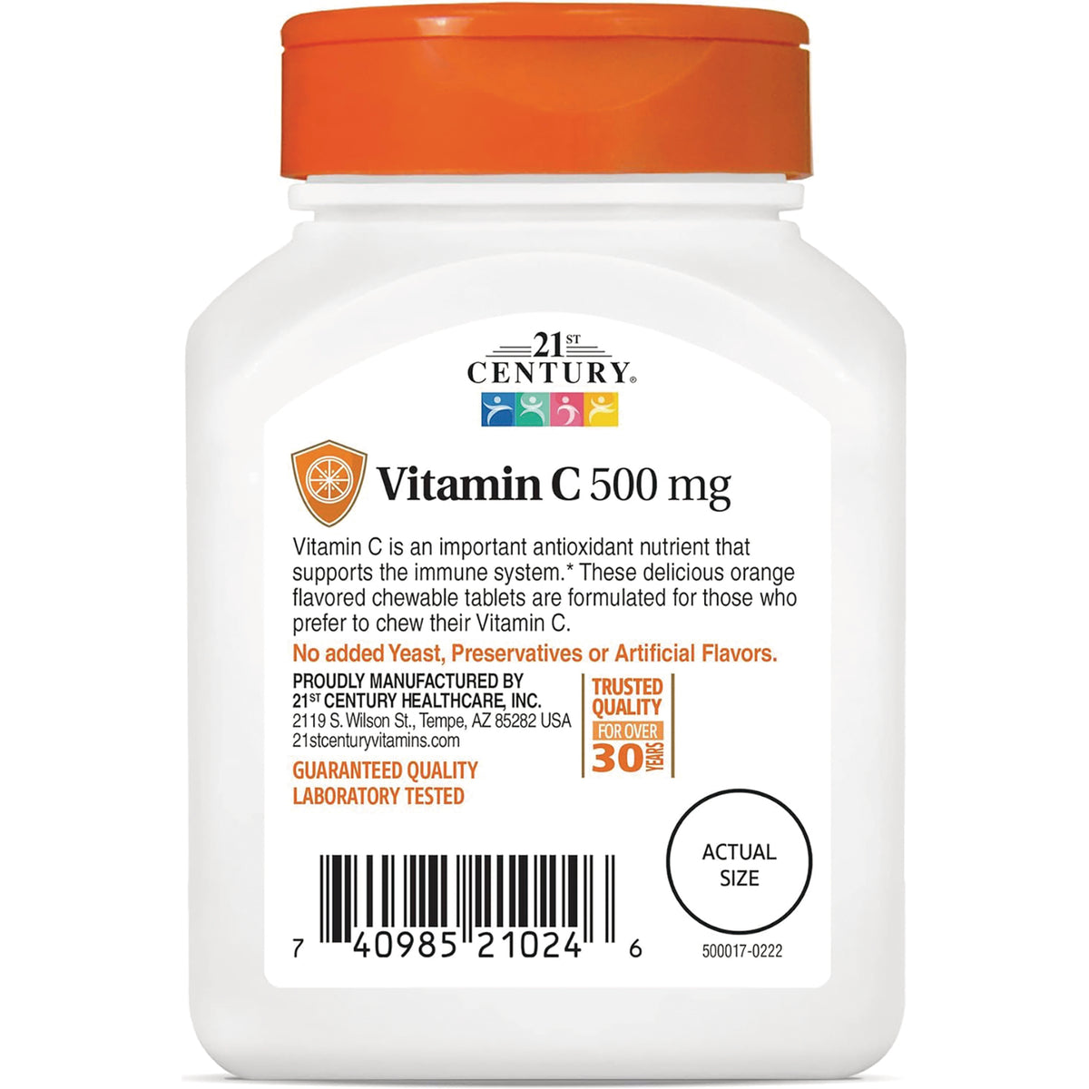 CNT177 | White bottle with orange cap labeled Vitamin C 500 mg, chewable tablets; label shows benefits text, barcode, and actual size circle