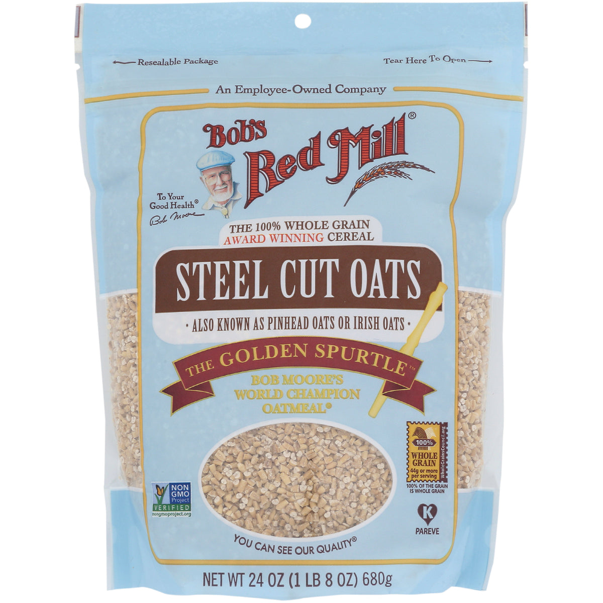 BOB329 | Bob's Red Mill Steel Cut Oats front pouch with clear window showing oats