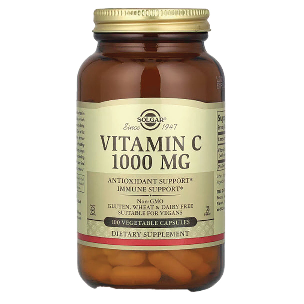 SLG239 | Solgar Vitamin C 1000 MG amber glass bottle with gold cap labeled 100 vegetable capsules dietary supplement - Thumbnail