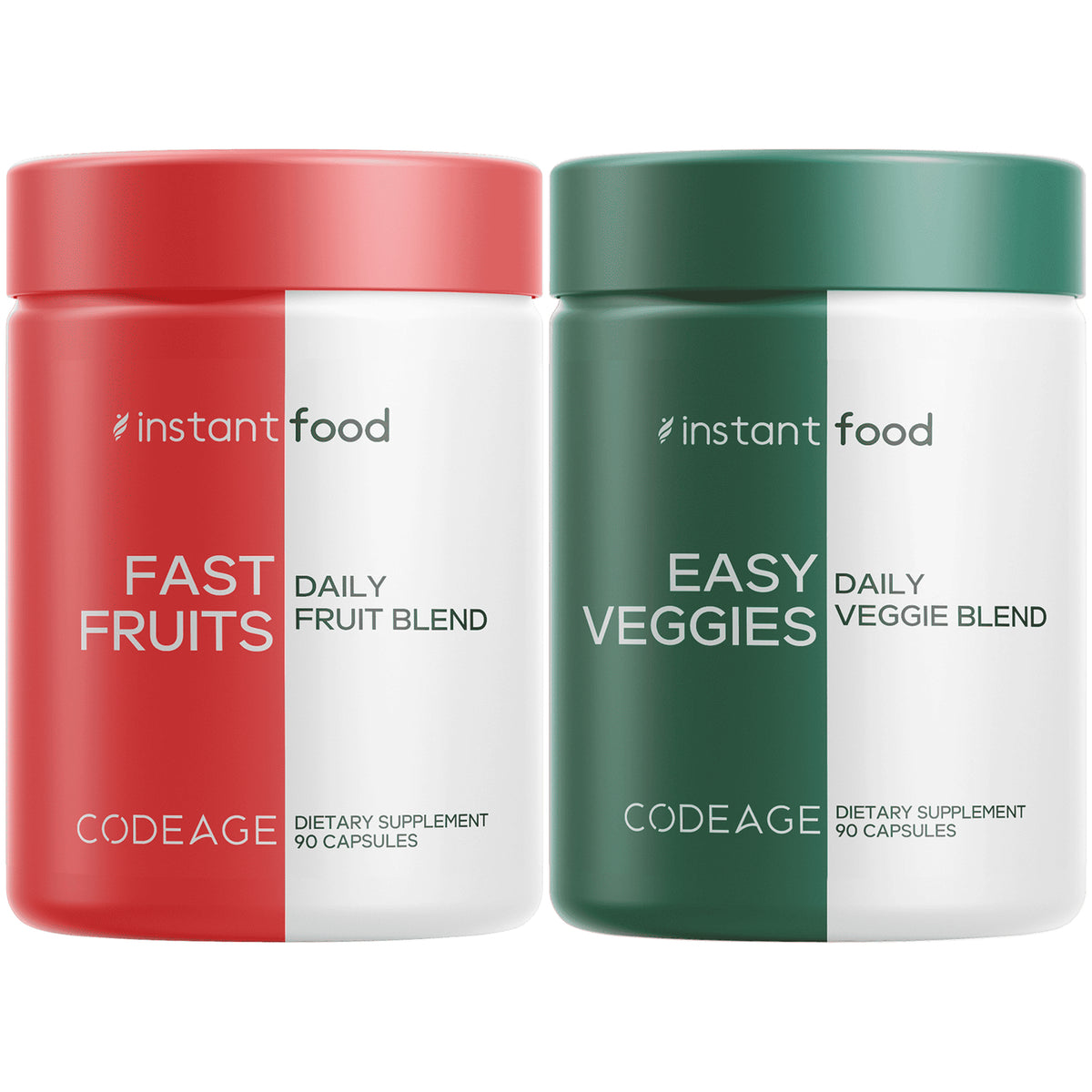 CDG012 | two CODEAGE supplement jars side-by-side, left green Easy Veggies daily veggie blend and right red Fast Fruits daily fruit blend