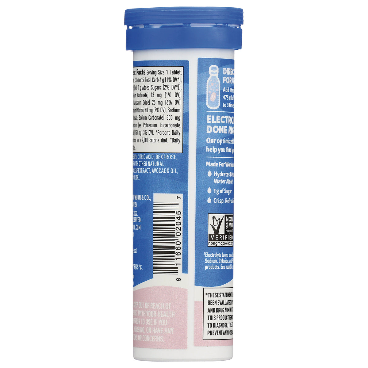NUN019 | Back of blue and white effervescent tablet tube showing nutrition facts, barcode, and Non-GMO Project Verified badge
