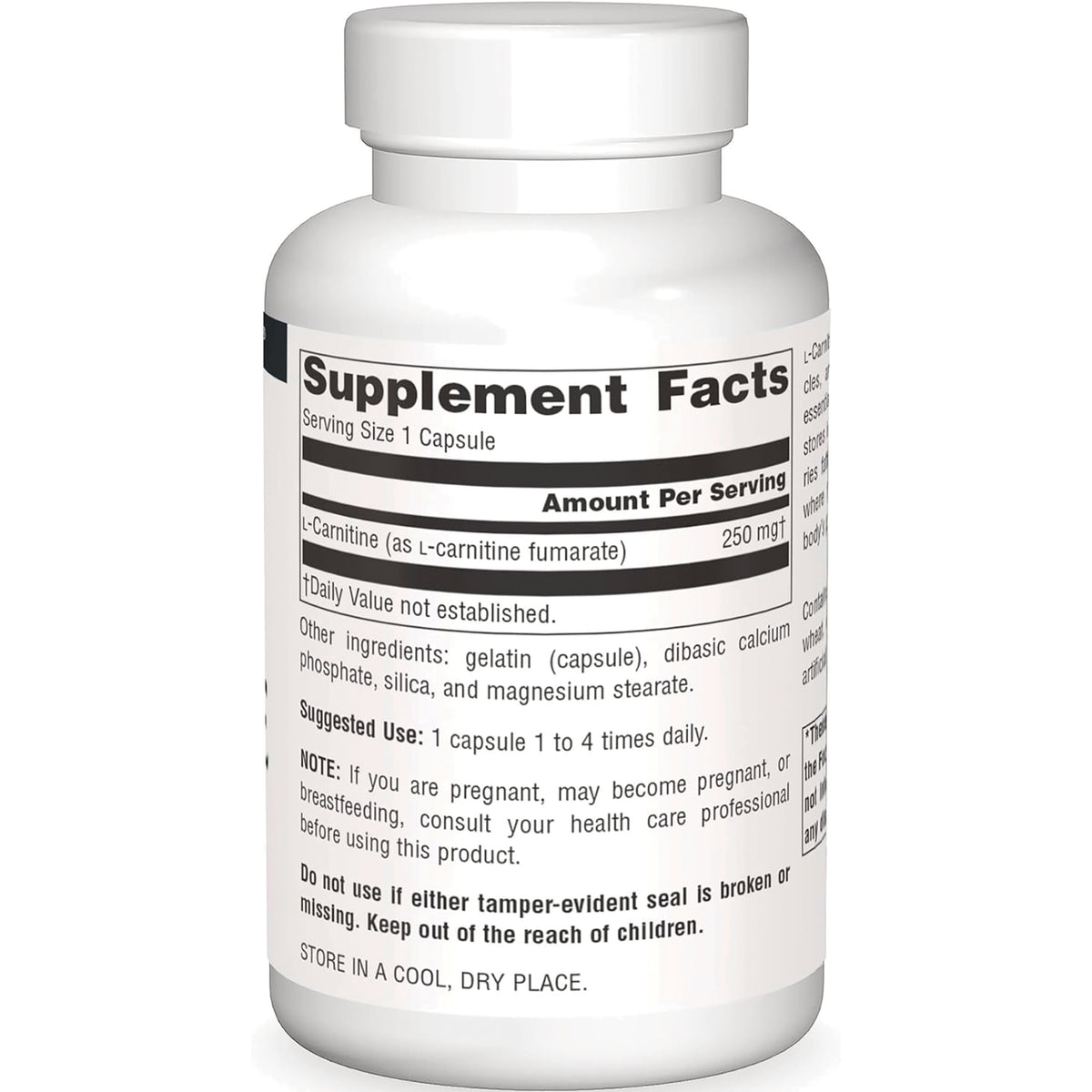 SN563 | Back label with Supplement Facts and other ingredients for L-Carnitine 250 mg per capsule