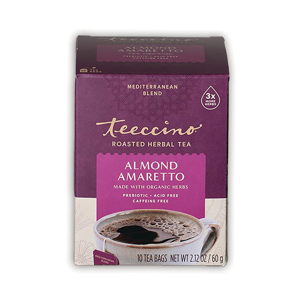 TCN037 | Teeccino Roasted Herbal Tea Almond Amaretto box, Mediterranean Blend, 10 tea bags, 2.12 oz