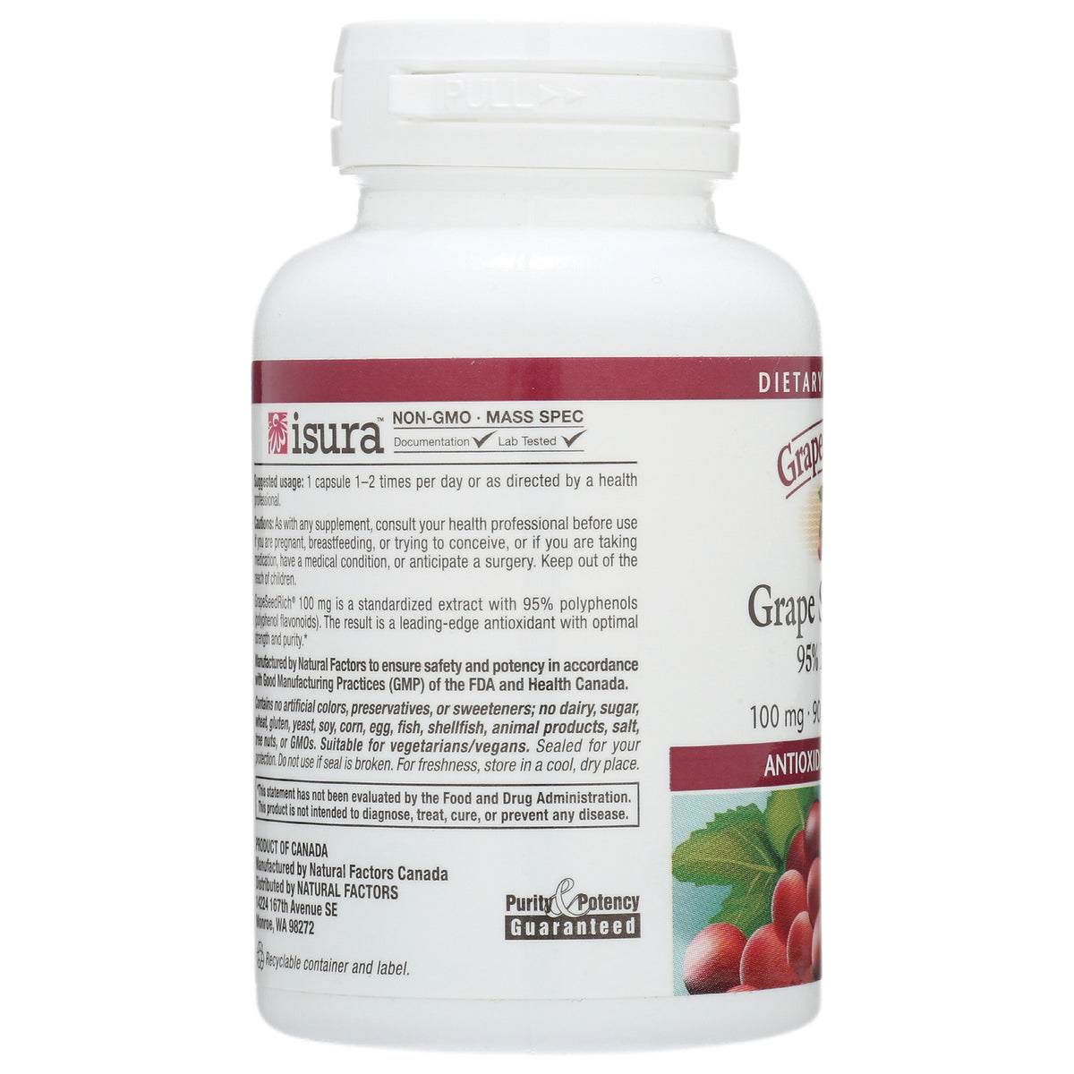 NFC043 | back label of white supplement bottle showing usage instructions, warnings, ingredient text and small grape image