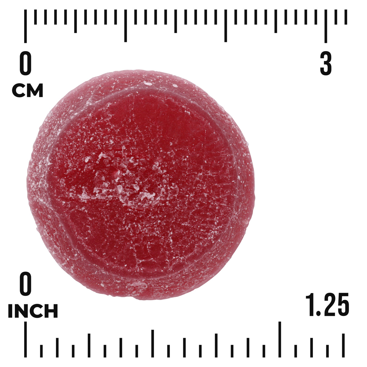 SW1909 | Red round gummy with size scale in inches and centimeters