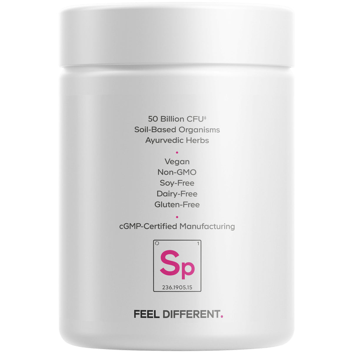 CDG053 | Back of white supplement jar listing 50 Billion CFU, Vegan, Non-GMO, soy-free, dairy-free, gluten-free