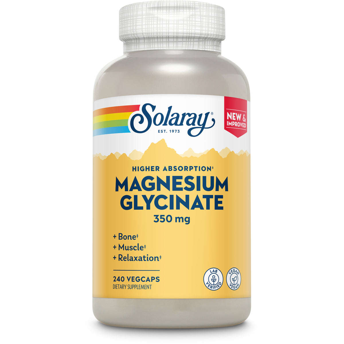 SLR485 | Solaray Magnesium Glycinate 350 mg front bottle label, 240 vegcaps