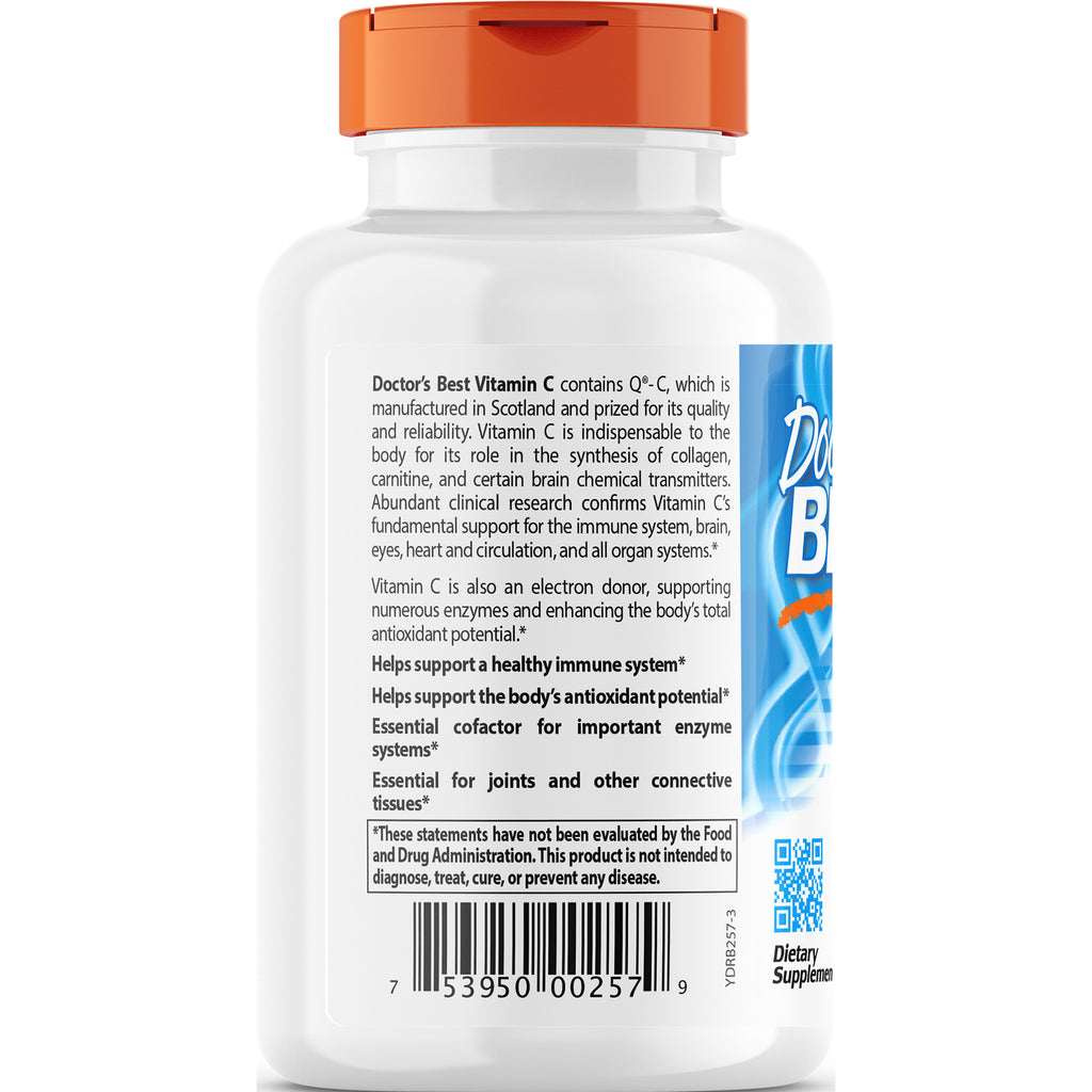 DB147 | back label of white supplement bottle with orange cap showing Doctor's Best Vitamin C text, benefits and barcode - Thumbnail