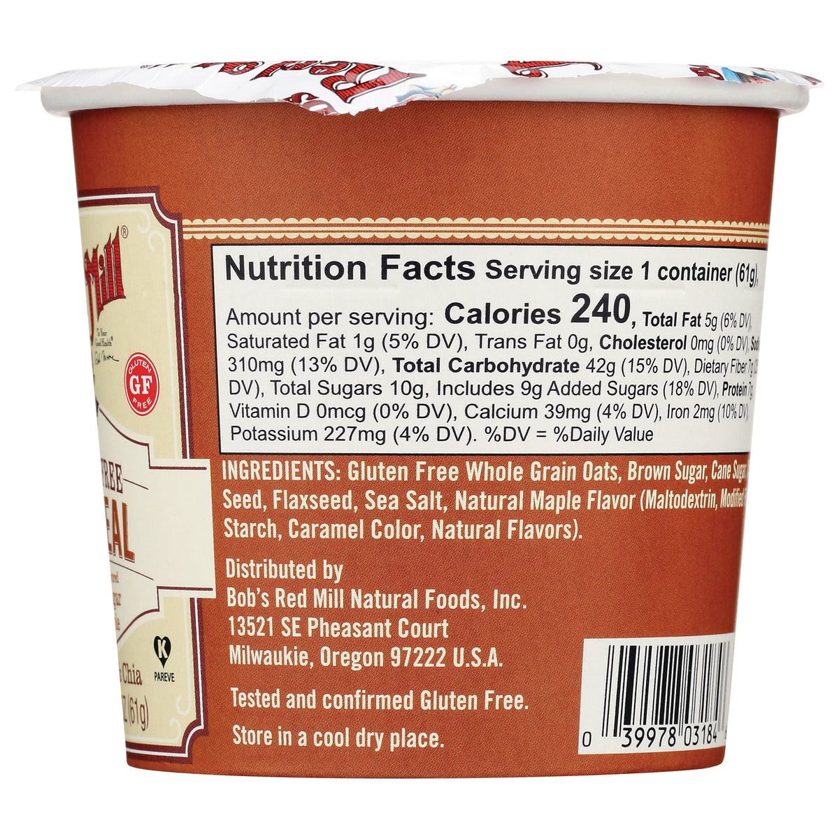 BOB227 | back label showing Nutrition Facts, ingredients list and barcode on brown single-serve cup