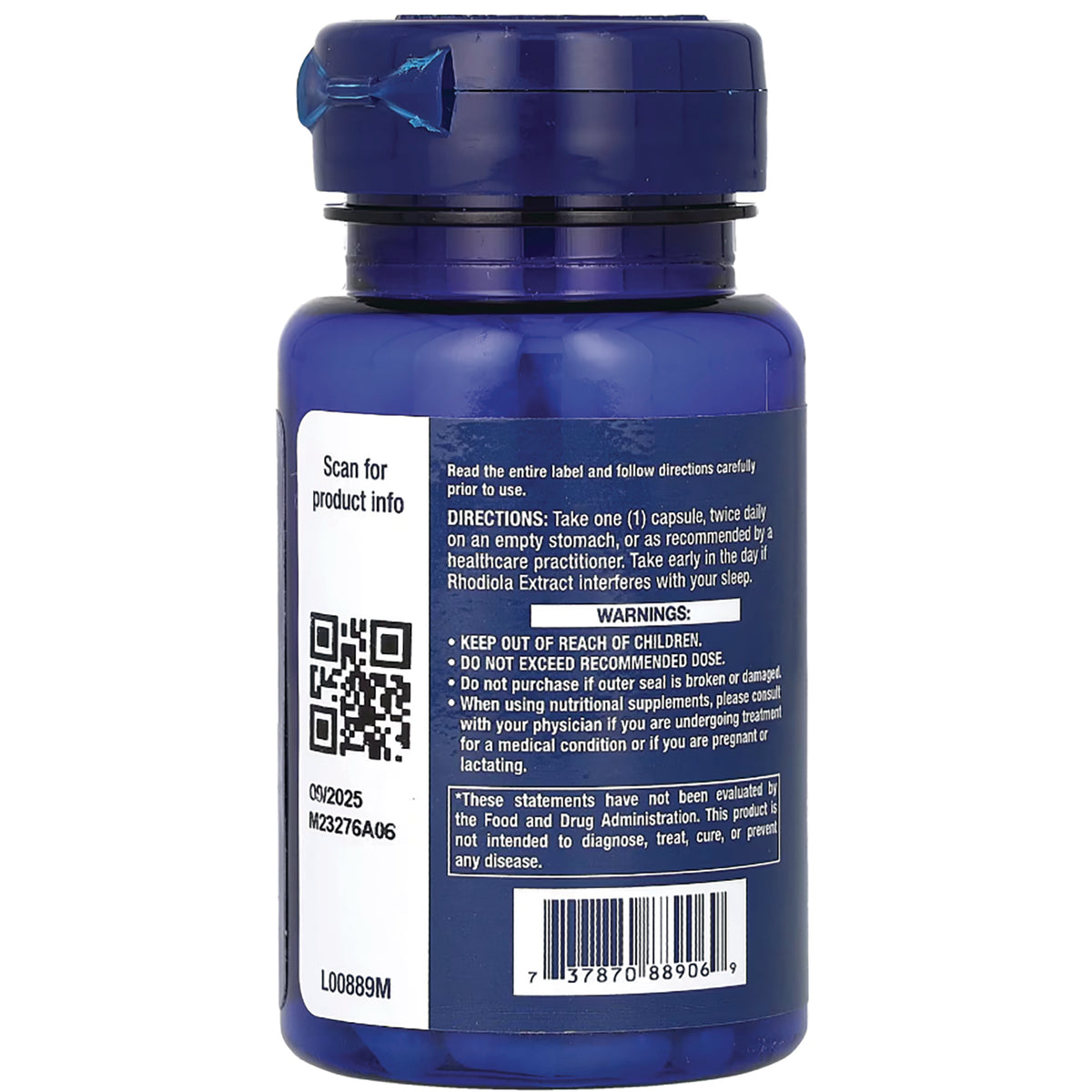 LE169 | Back of blue supplement bottle showing directions, warnings, QR code, barcode and tamper-evident cap