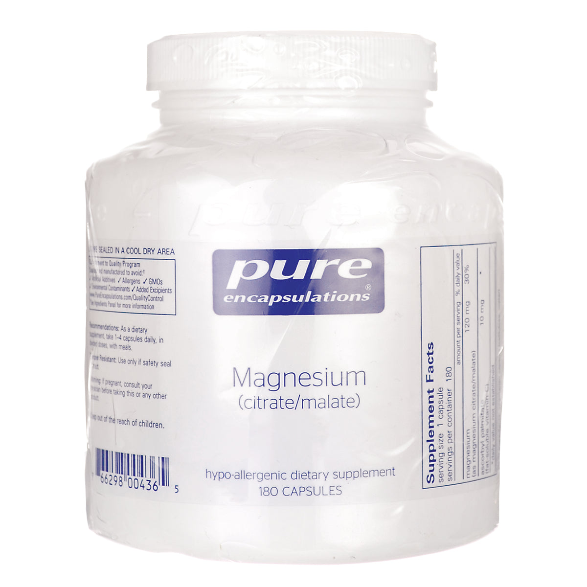 Pure Encapsulations Magnesium (citrate/malate) 180 capsules front label on white supplement jar