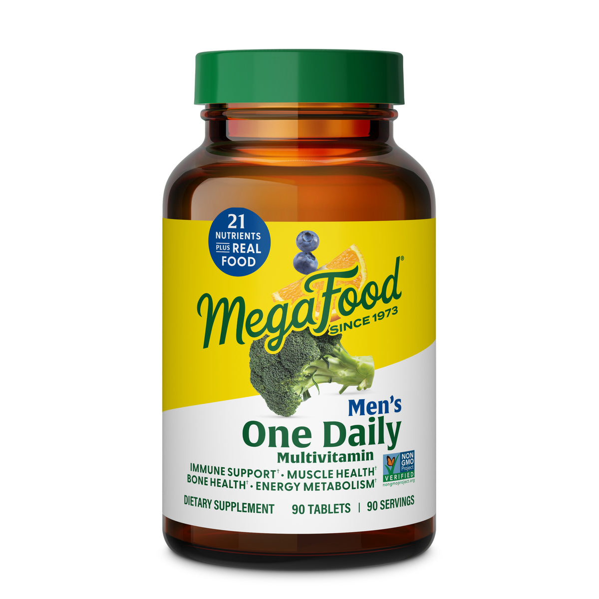 MGF005 | Amber supplement bottle with MegaFood yellow label reading Men's One Daily Multivitamin and broccoli image