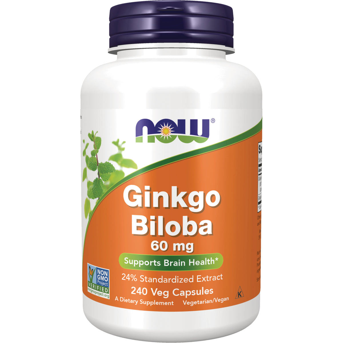 NWF607 | NOW Ginkgo Biloba 60 mg supplement bottle with orange label, 240 Veg Capsules