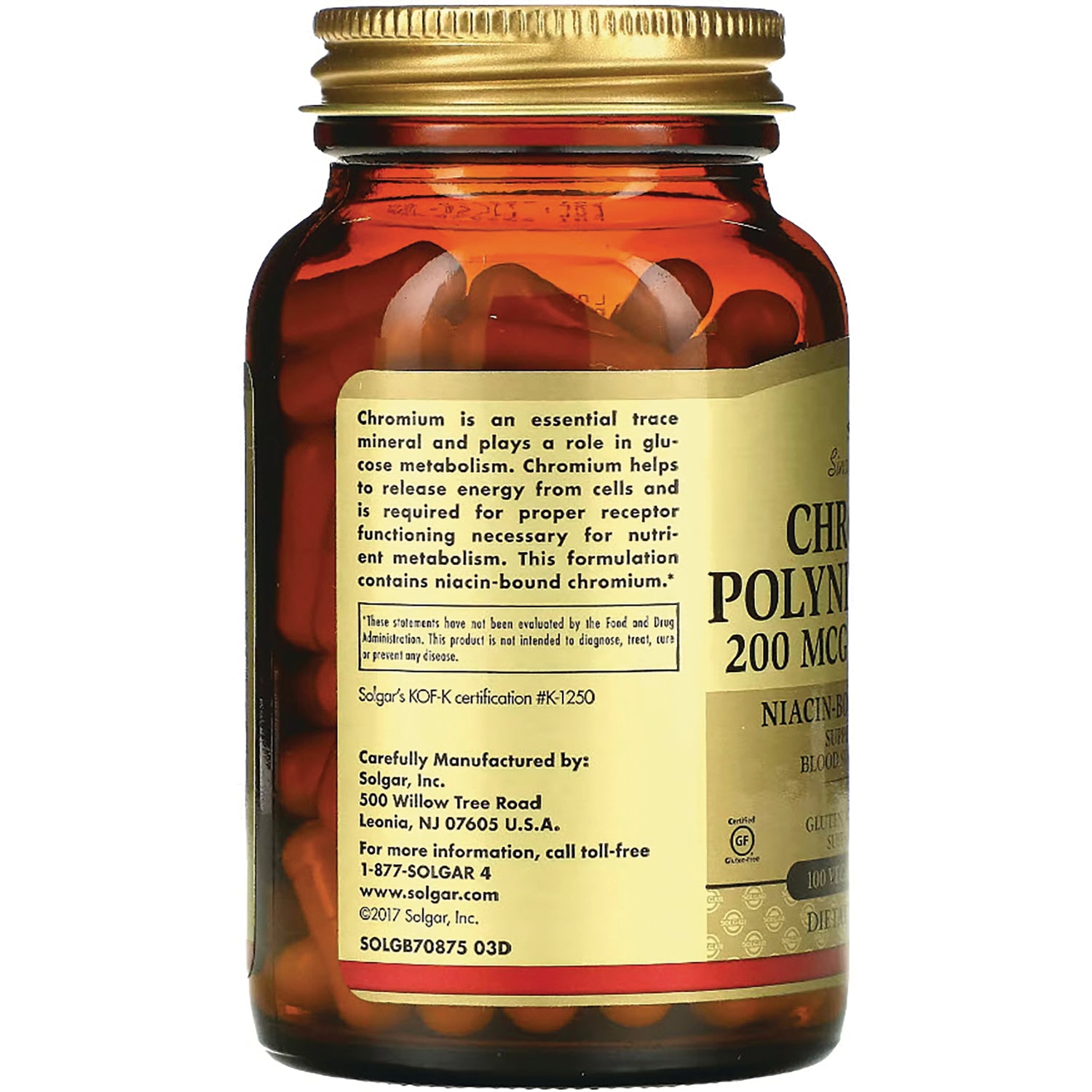 SLG321 | Amber supplement bottle back label showing Chromium Polynicotinate 200 mcg and manufacturer information