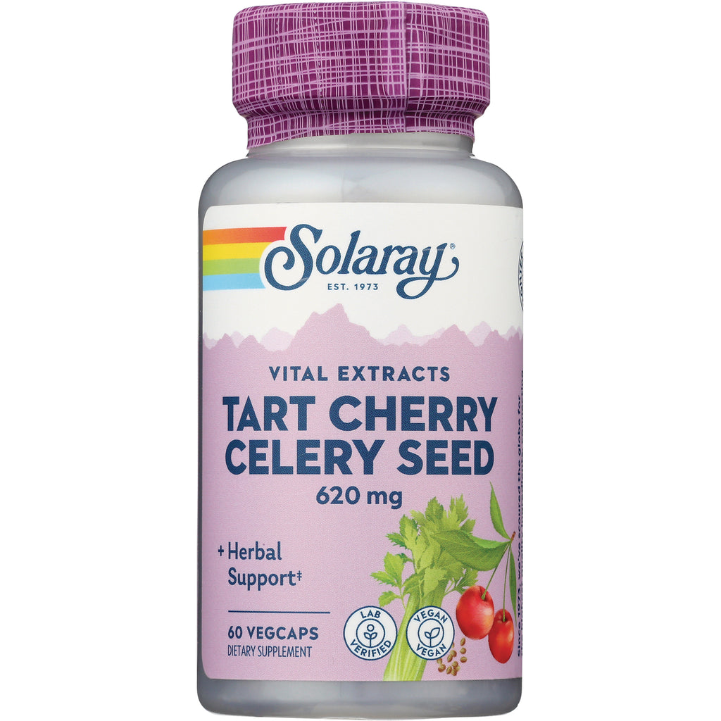 SLR495 | Solaray Tart Cherry Celery Seed 620 mg supplement bottle front label showing 60 vegcaps and vegan badge - Thumbnail