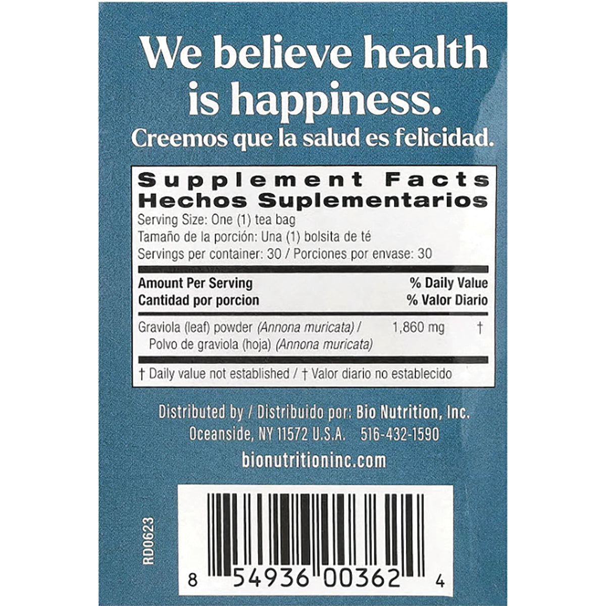 BNN061 | back label with Supplement Facts showing Graviola (Annona muricata) leaf powder 1,860 mg, barcode