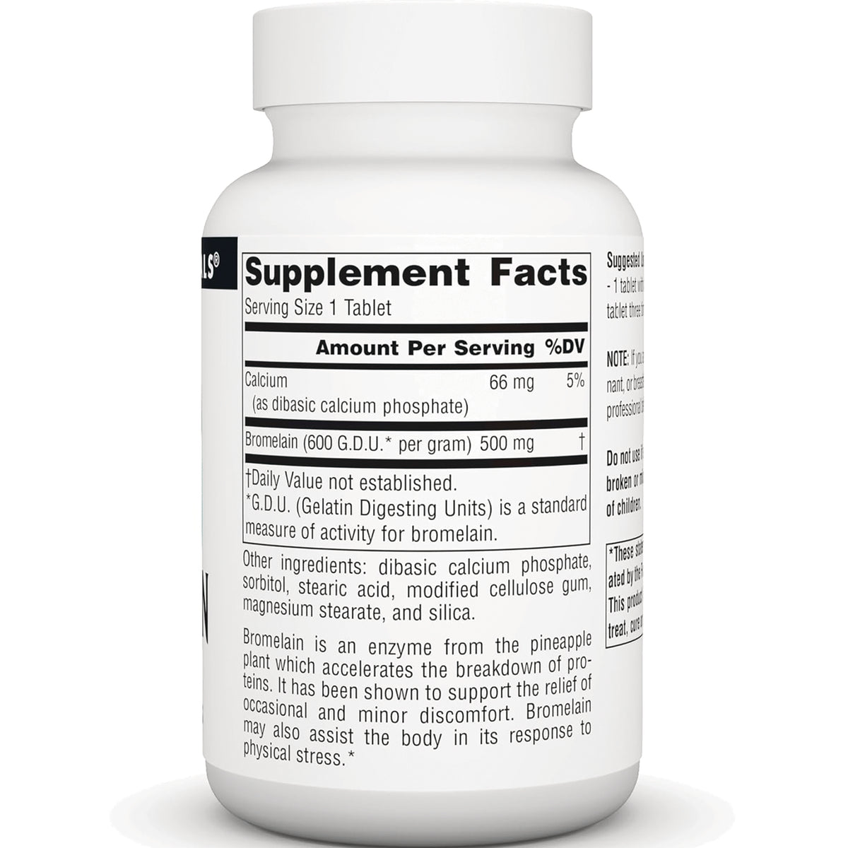 SN102 | Back label showing Supplement Facts, serving size 1 tablet, and ingredients