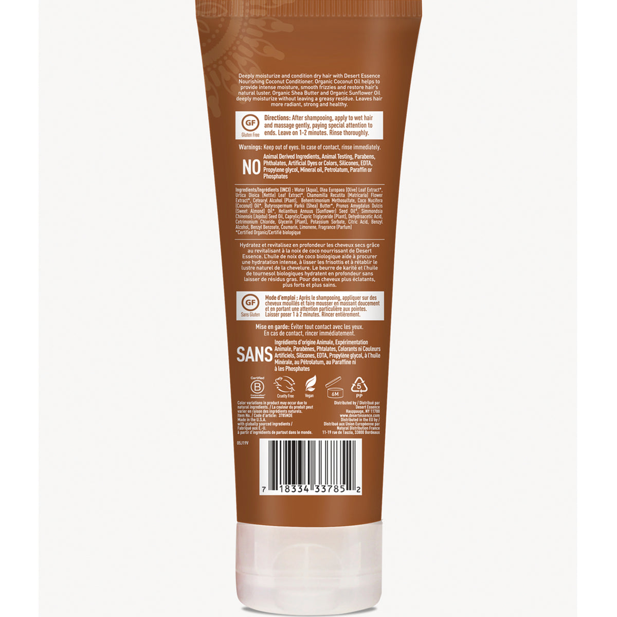 Back of brown conditioner tube showing ingredients, usage directions, certification icons and barcode