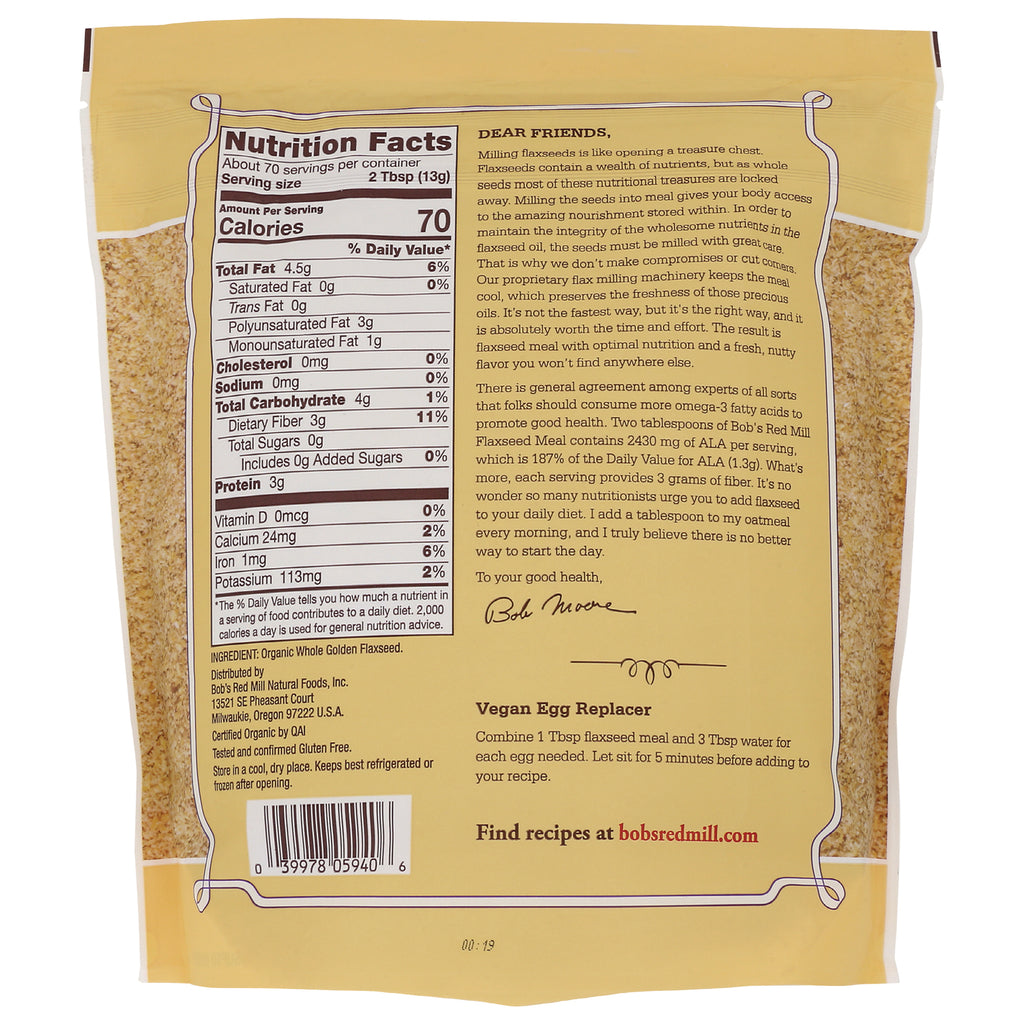 BOB249 | Back of golden flaxseed bag showing Nutrition Facts panel, ingredient list, and vegan egg replacer instructions - Thumbnail