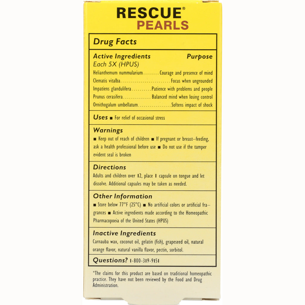 BFL059 | Back panel of Rescue Pearls box showing drug facts, active and inactive ingredients and directions - Thumbnail