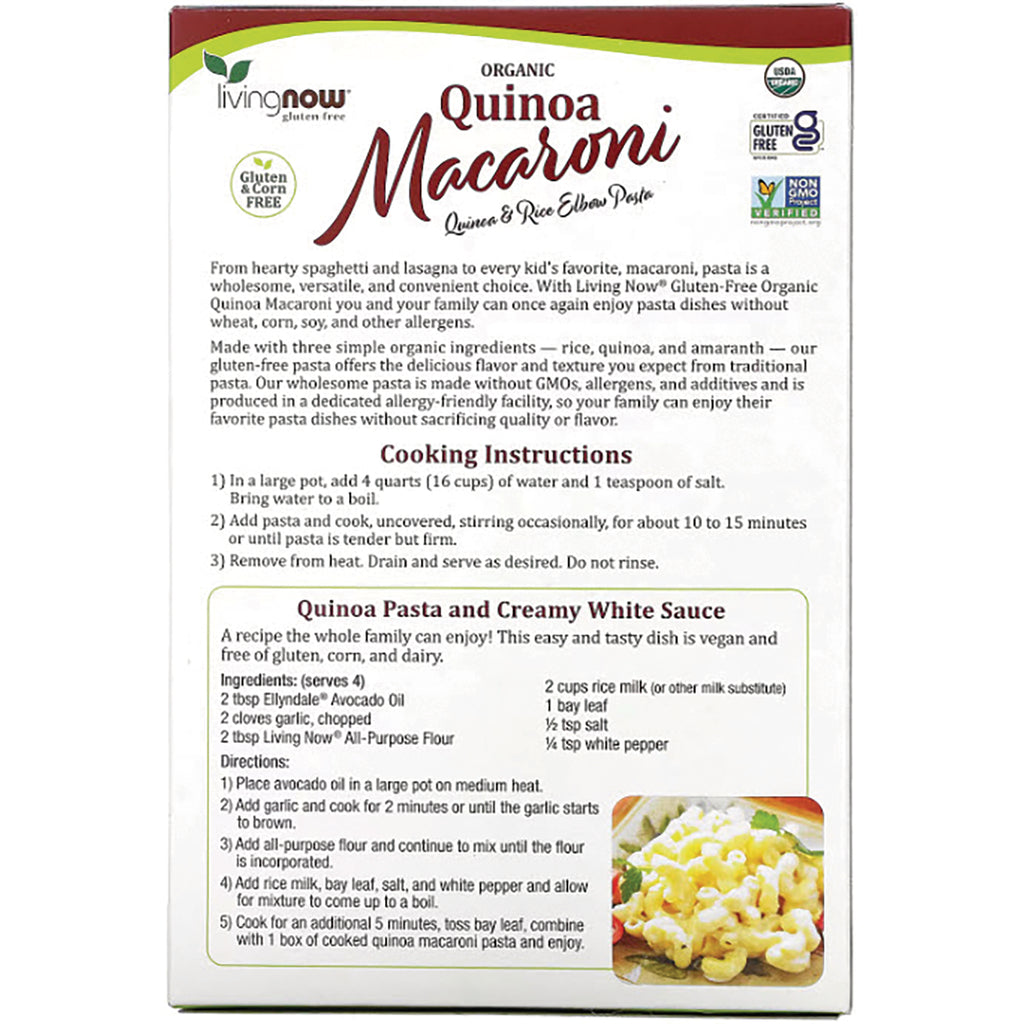 NWF1270 | Living Now organic Quinoa Macaroni box back showing cooking instructions and a quinoa pasta recipe - Thumbnail