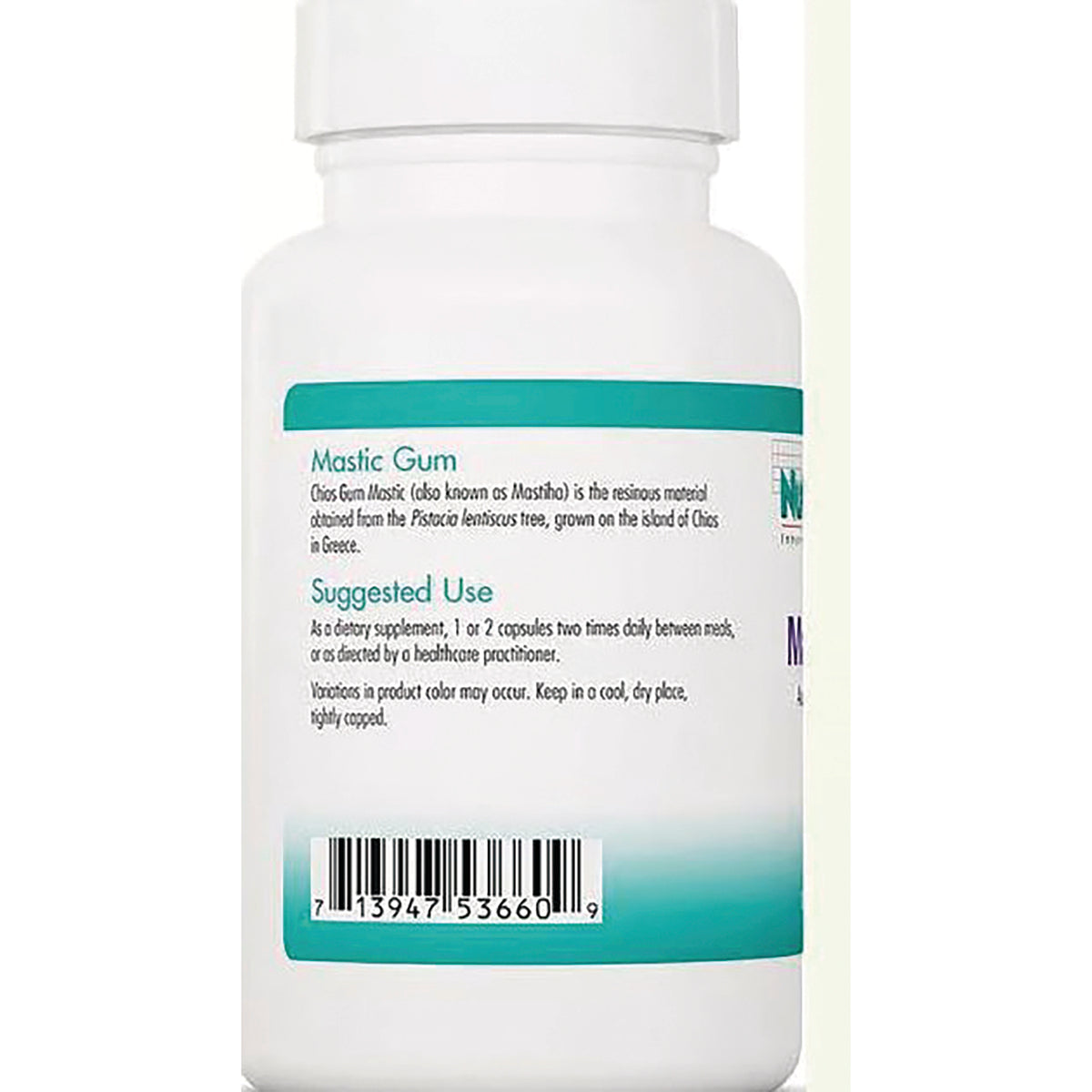 NCL038 | Back of white supplement bottle label showing Mastic Gum heading, suggested use text and barcode