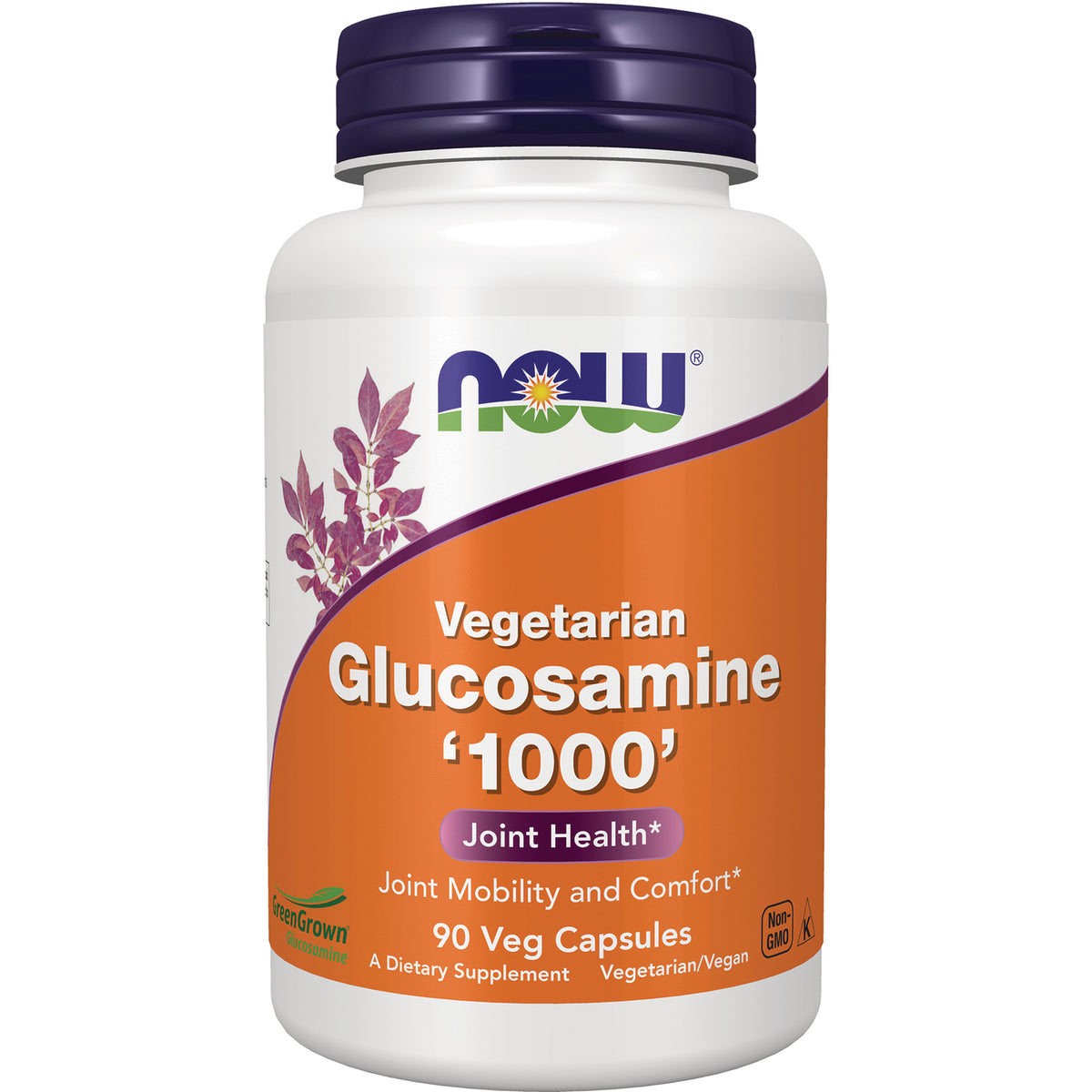 NWF156 | NOW Vegetarian Glucosamine 1000 bottle front label showing 90 Veg Capsules on orange background