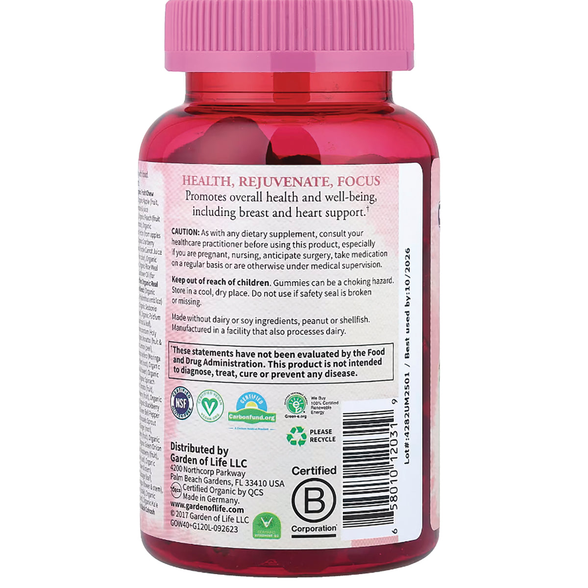 GLF238 | back label reading HEALTH, REJUVENATE, FOCUS with cautions, certifications, barcode and distributor info