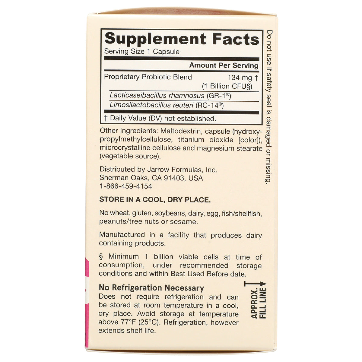 JR294 | Supplement Facts panel and storage instructions on back of beige supplement box