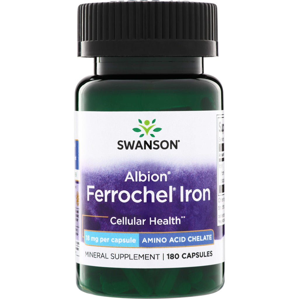 SWU076 | Swanson Albion Ferrochel Iron bottle, Cellular Health, 18 mg per capsule, amino acid chelate, 180 capsules - Thumbnail