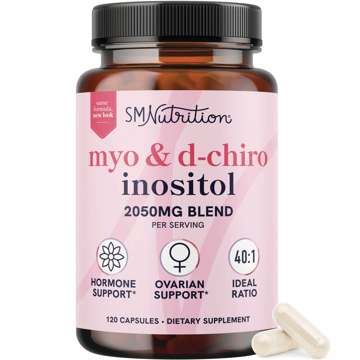 SMT013 | SMNutrition myo & d-chiro inositol 2050MG blend bottle front pink label with two capsules