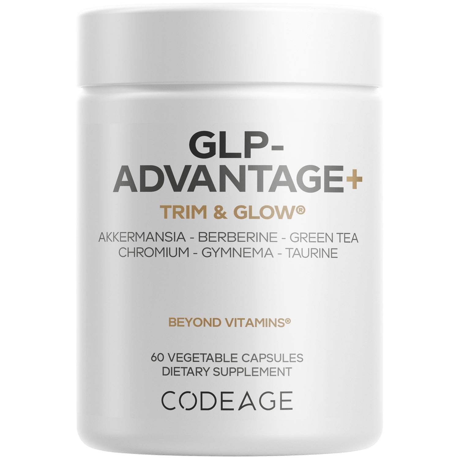 CDG002 | White supplement bottle labeled GLP-ADVANTAGE+ BEYOND VITAMINS, 60 vegetable capsules, Codeage logo