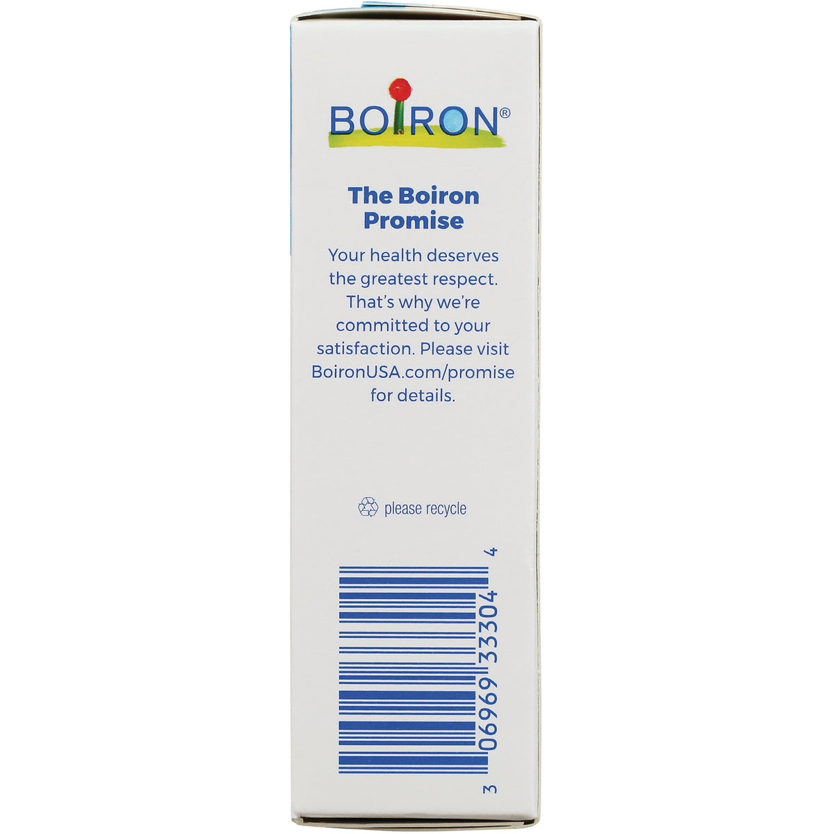 BRN125 | side panel showing The Boiron Promise text, recycle symbol and barcode