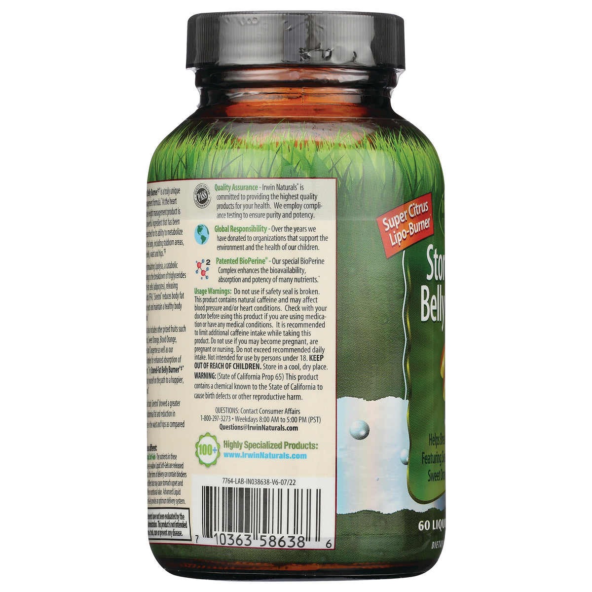 IR223 | Back label of green supplement bottle showing ingredients, usage warnings and barcode