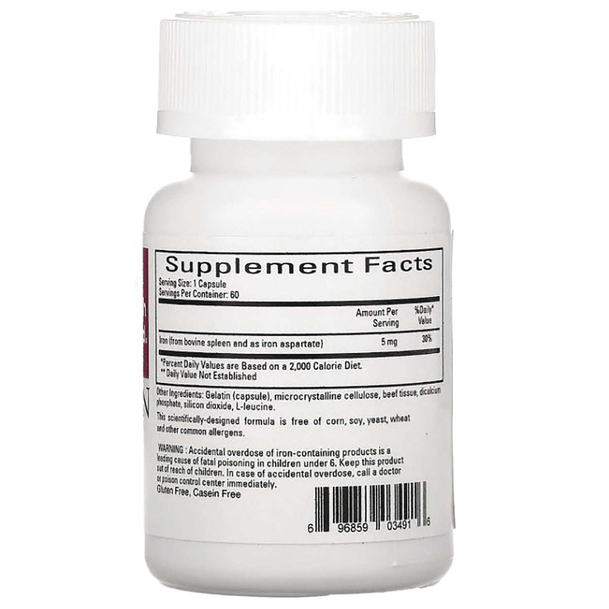 CRR012 | Back of white supplement bottle showing Supplement Facts panel, ingredients, warning text and barcode