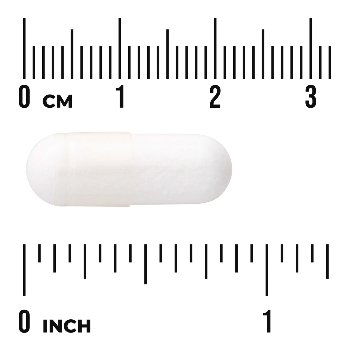 SWU069 | White capsule with size reference rulers in centimeters and inches