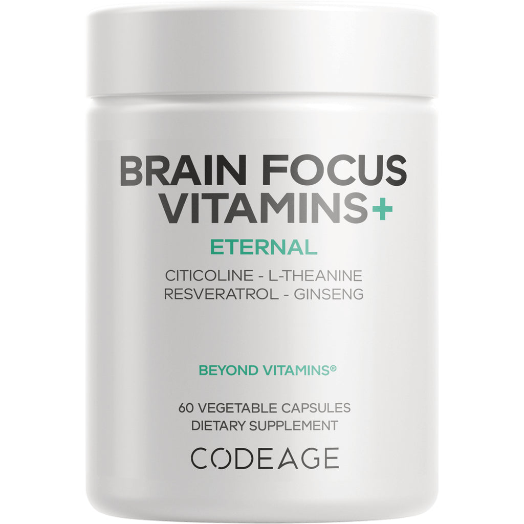 CDG032 | White supplement jar labeled BRAIN FOCUS VITAMINS+ ETERNAL, 60 vegetable capsules, brand CODEAGE - Thumbnail