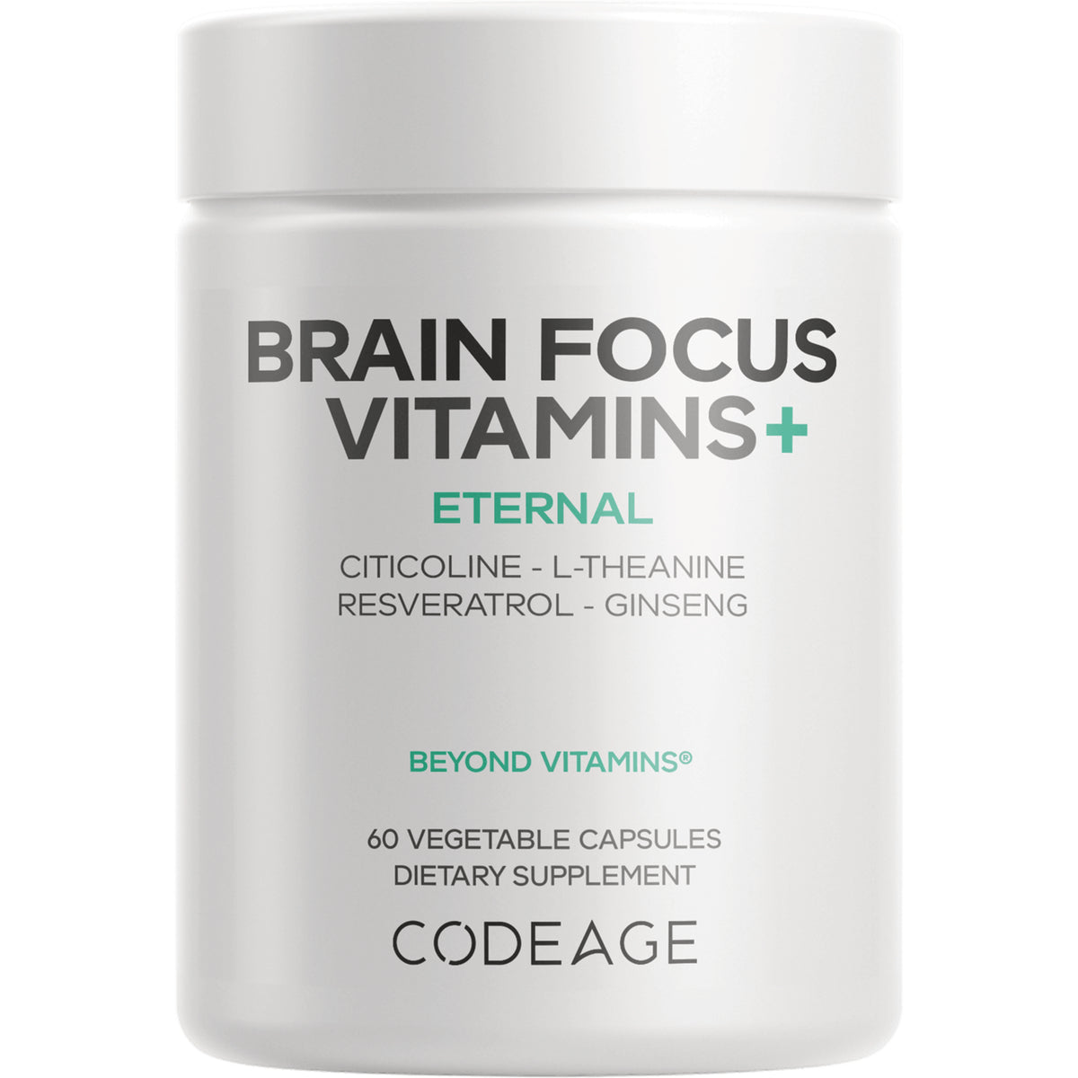 CDG032 | White supplement jar labeled BRAIN FOCUS VITAMINS+ ETERNAL, 60 vegetable capsules, brand CODEAGE