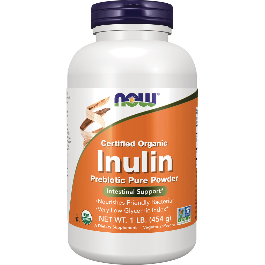 NWF1378 | NOW Certified Organic Inulin prebiotic pure powder bottle, 1 lb (454 g), orange label - Thumbnail