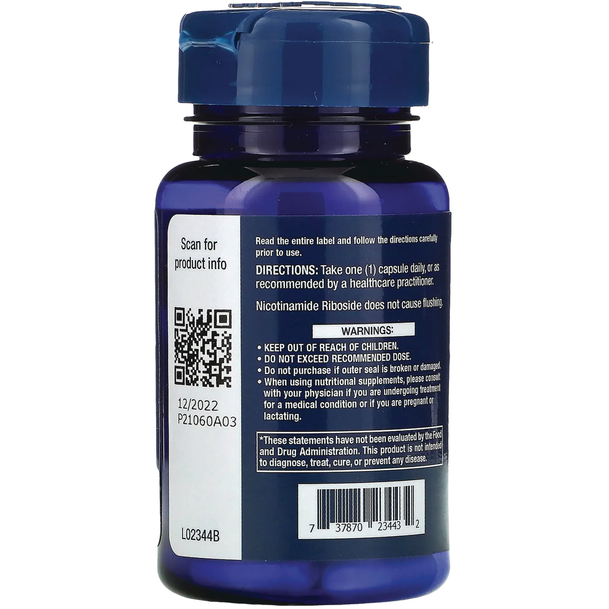 LE490 | Back of blue supplement bottle showing directions, warnings, QR code and barcode