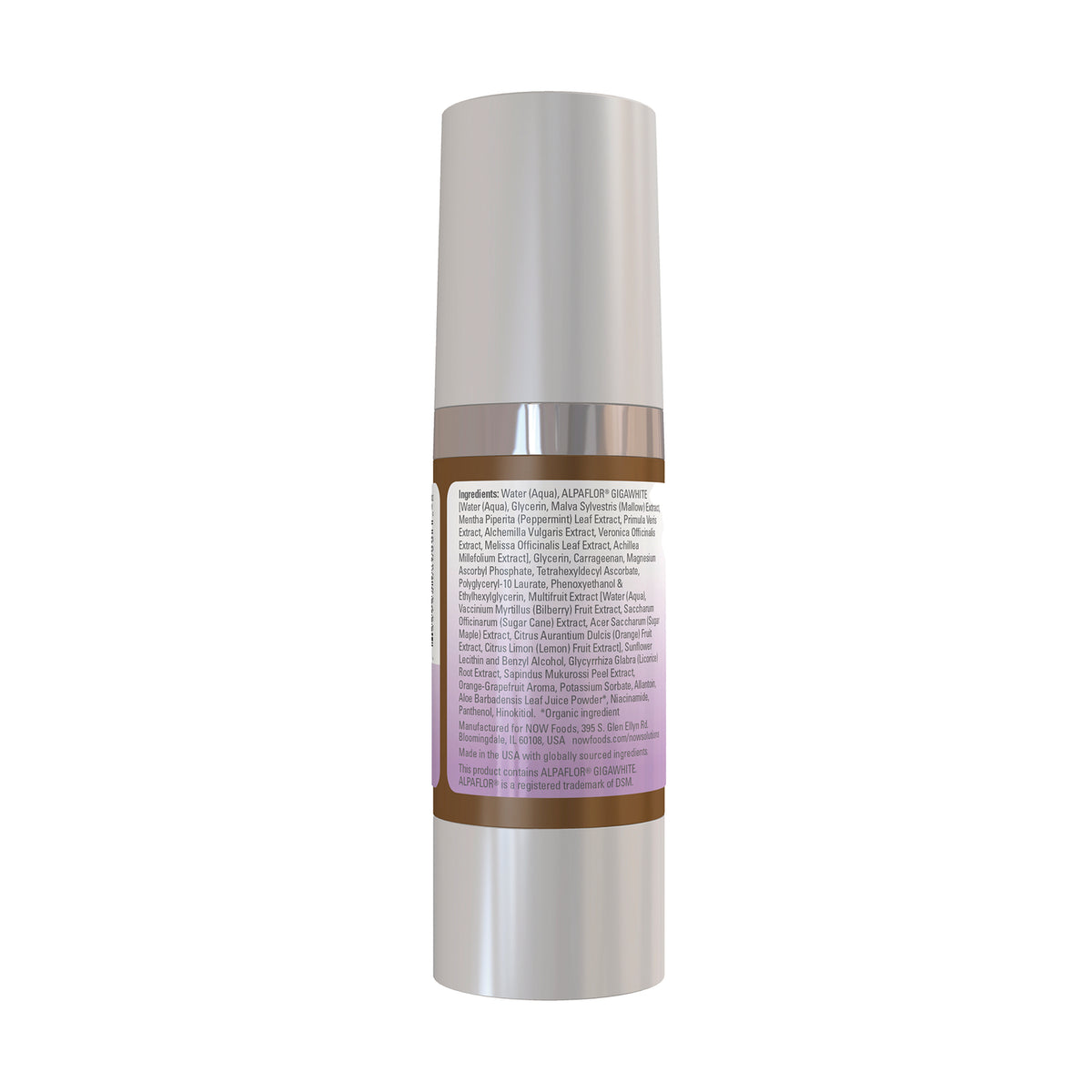 NWF1191 | back of silver pump bottle showing ingredients label with small printed text