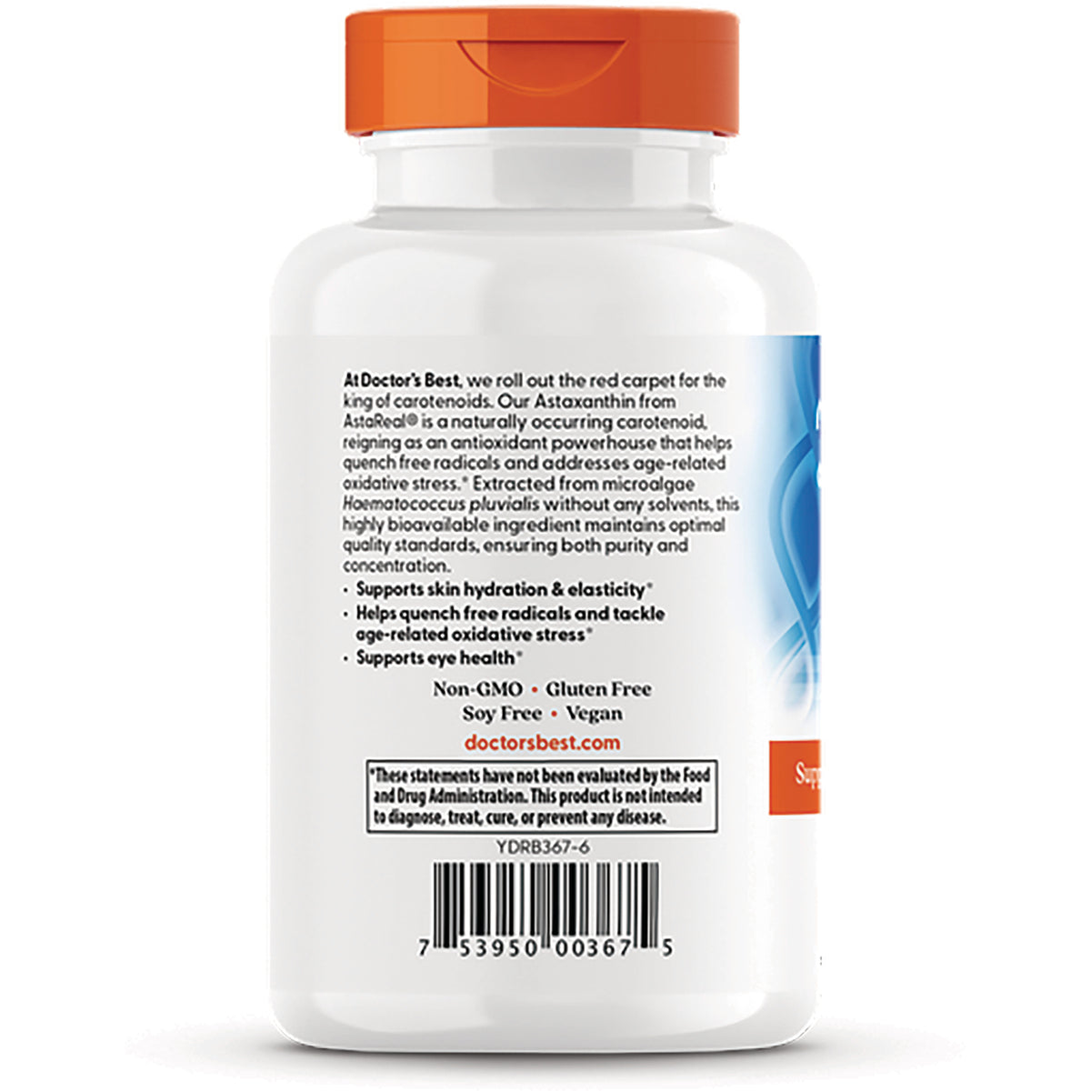 DB230 | Back of white supplement bottle with orange cap showing ingredient text, claims, barcode and doctorsbest.com
