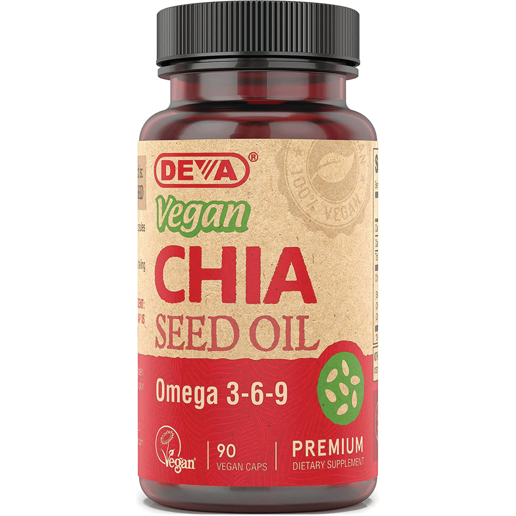 DEV014 | DEVA vegan Chia Seed Oil bottle labeled Omega 3-6-9, 90 vegan capsules, premium dietary supplement - Thumbnail